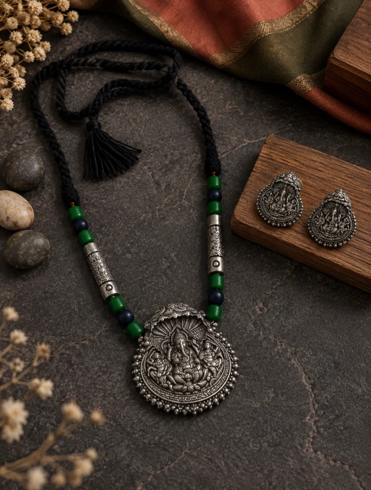 AnnaPari's Silver and Green Handmade Lord Ganesha Pendant Terracotta Jewellery Set