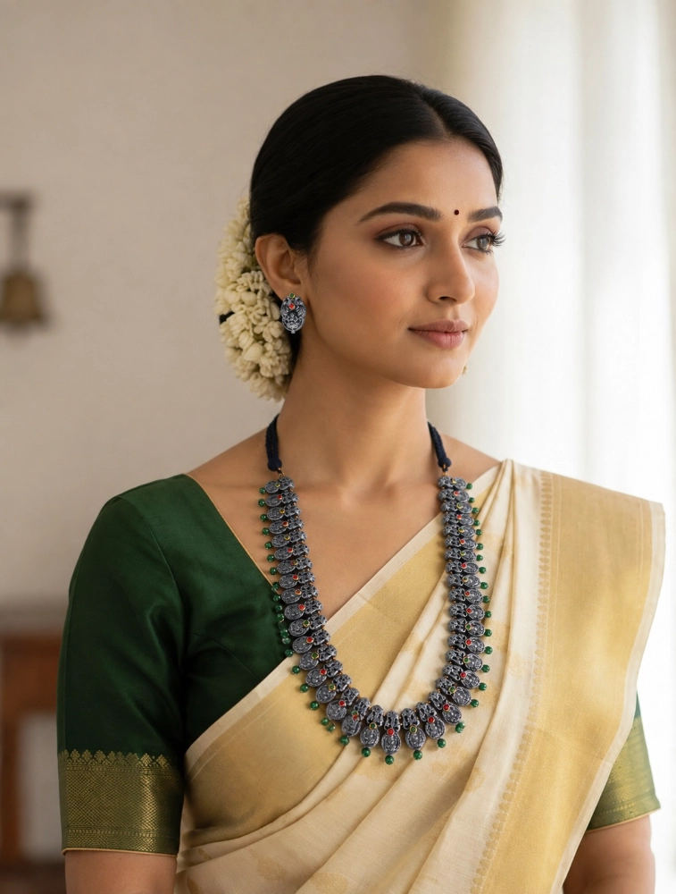 Silver and Green Long Haram In Lakshmi Design Terracotta Jewellery Set 