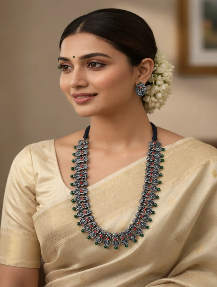 Silver and Green Long Haram In Lakshmi Design Terracotta Jewellery Set