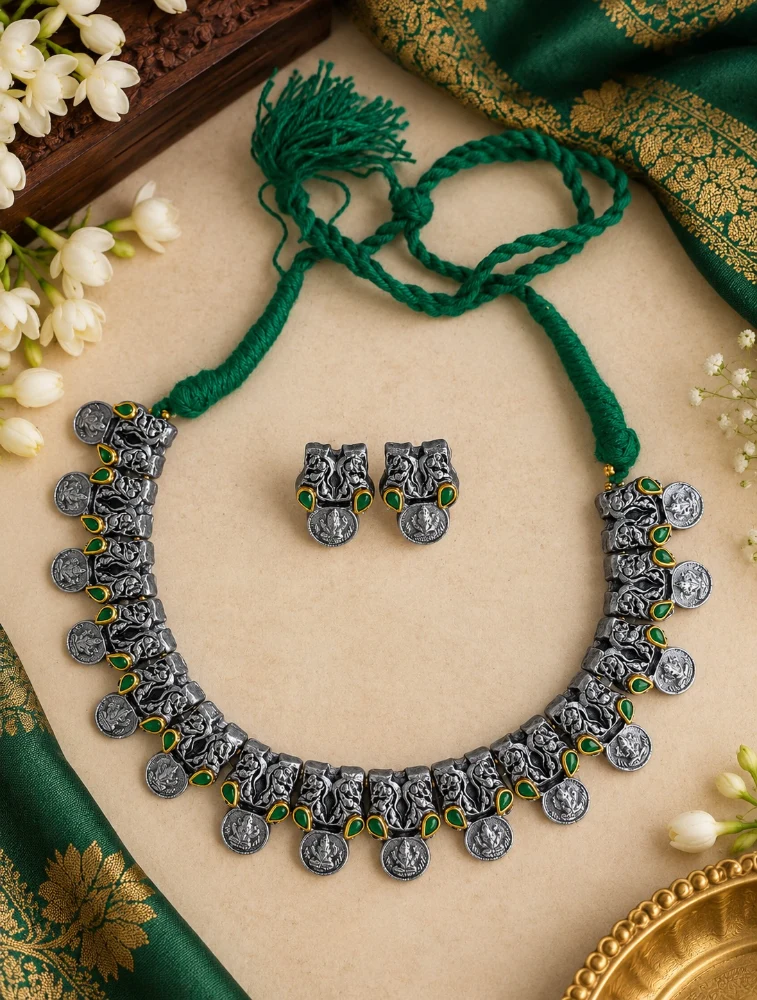 Silver and Green Mridvika Royal Terracotta Jewellery Set