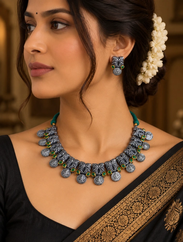 Silver and Green Mridvika Royal Terracotta Jewellery Set 