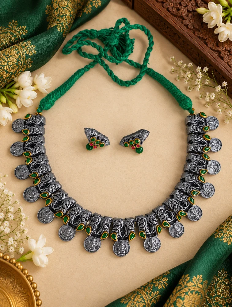 Silver and Green Mridvika Royal Terracotta Jewellery Set