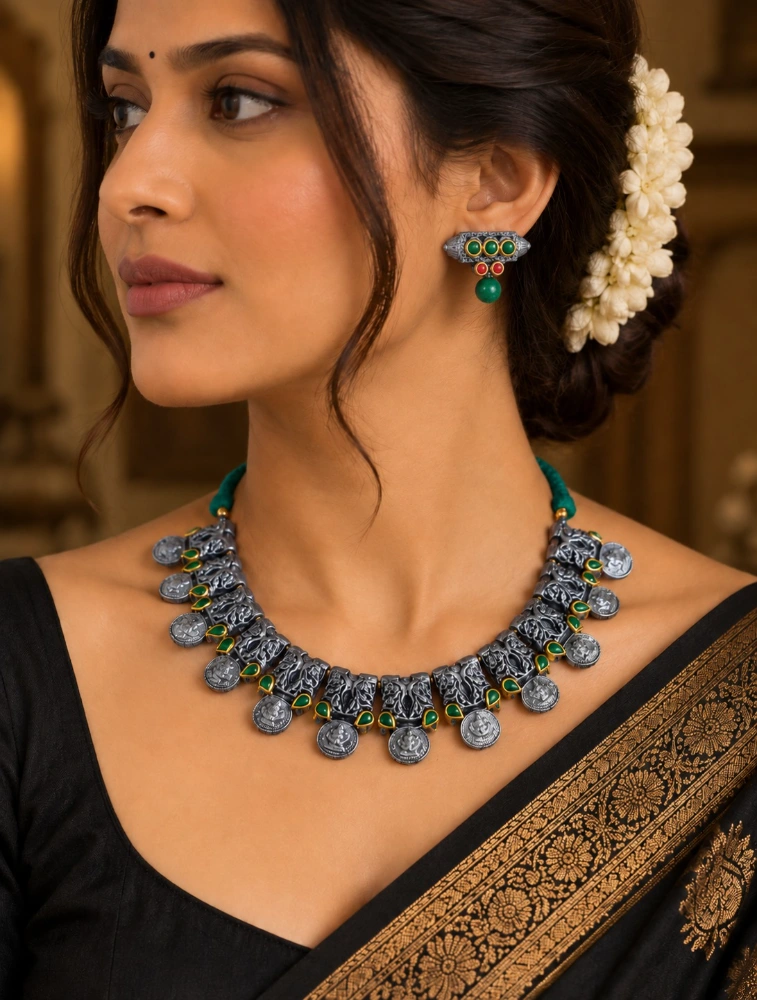 Silver and Green Mridvika Royal Terracotta Jewellery Set  
