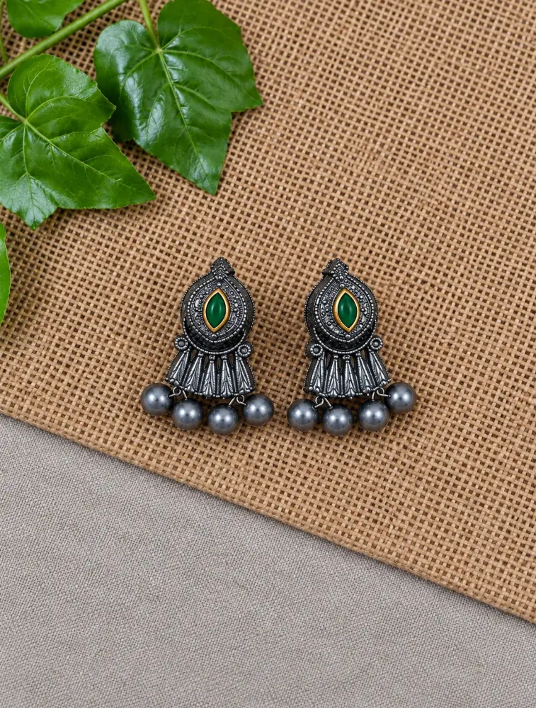 Silver and Green Peacock Motifs Hand Painted Terracotta Jewellery Set
