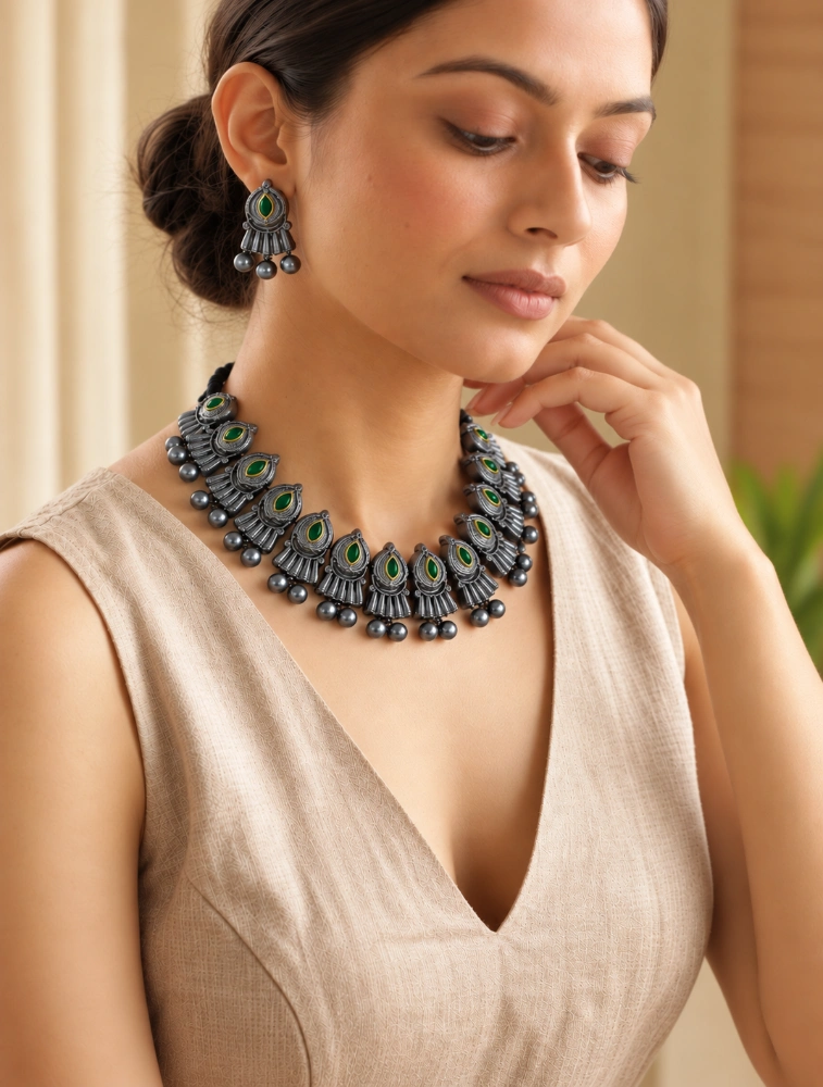 Silver and Green Peacock Motifs Hand Painted Terracotta Jewellery Set 