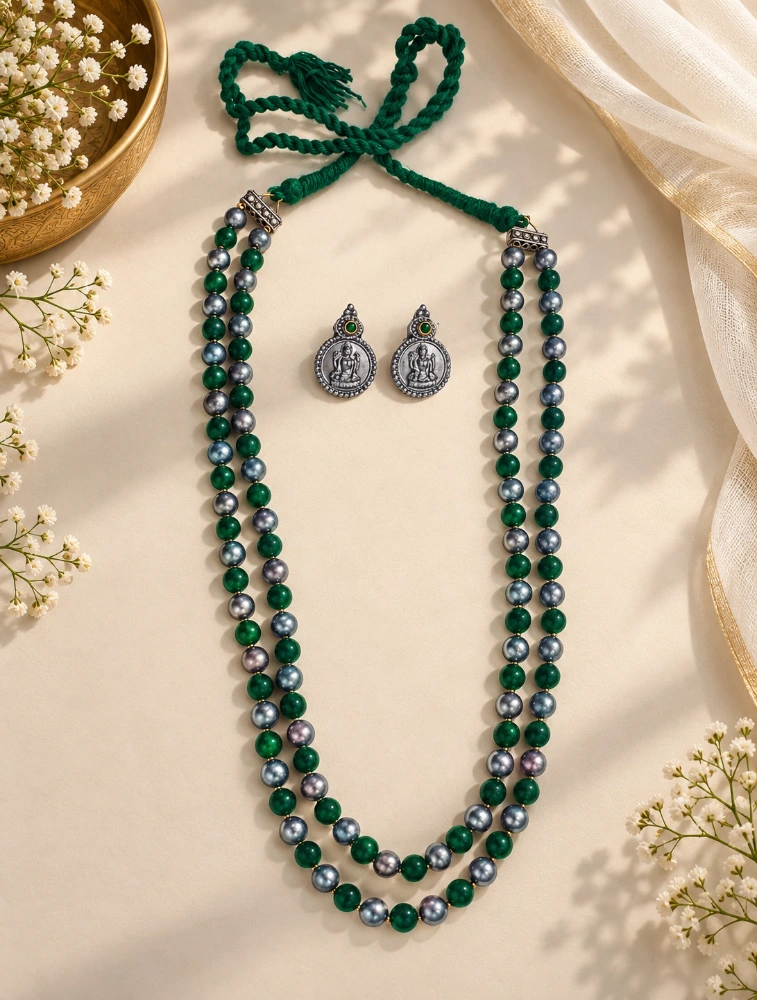 Silver and Green Terracotta Beaded Necklace Set