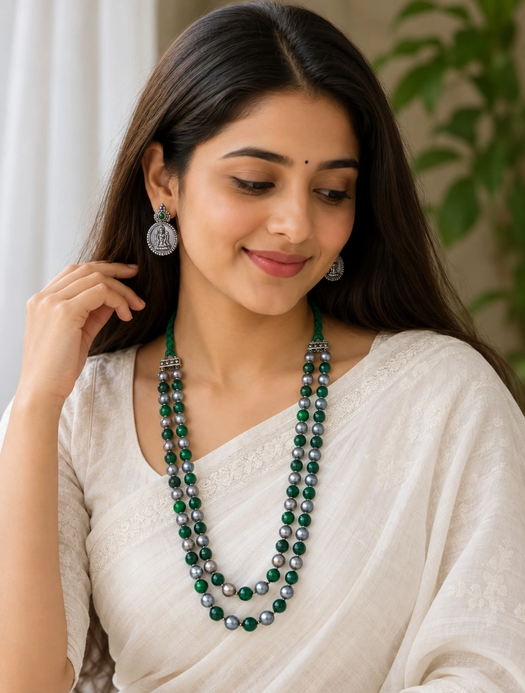 Silver and Green Terracotta Beaded Necklace Set