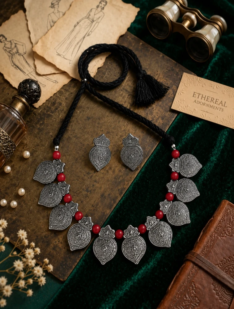 Silver and Red  Bhoomi Neela Terracotta Jewellery Set