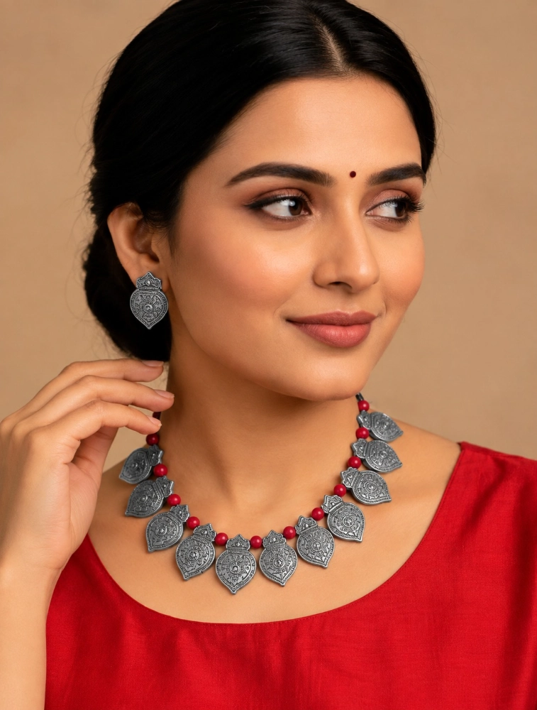 Silver and Red  Bhoomi Neela Terracotta Jewellery Set