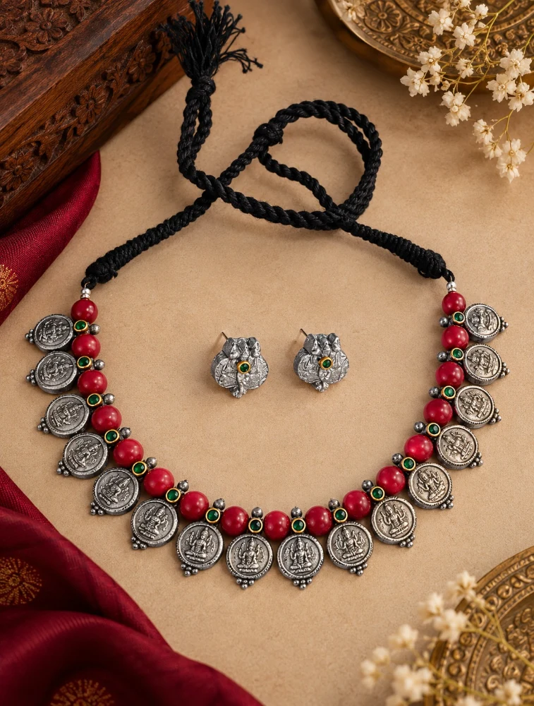 Silver and Red Bead Terracotta Jewellery Set 