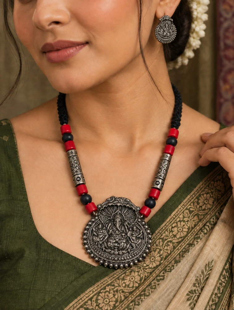 Silver and Red Handmade Lord Ganesha Pendant Terracotta Jewellery Set