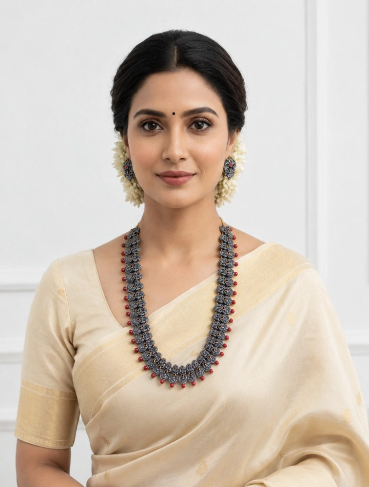 Silver and Red With Black Beads Long Haram In Lakshmi Design Terracotta Jewellery Set  
