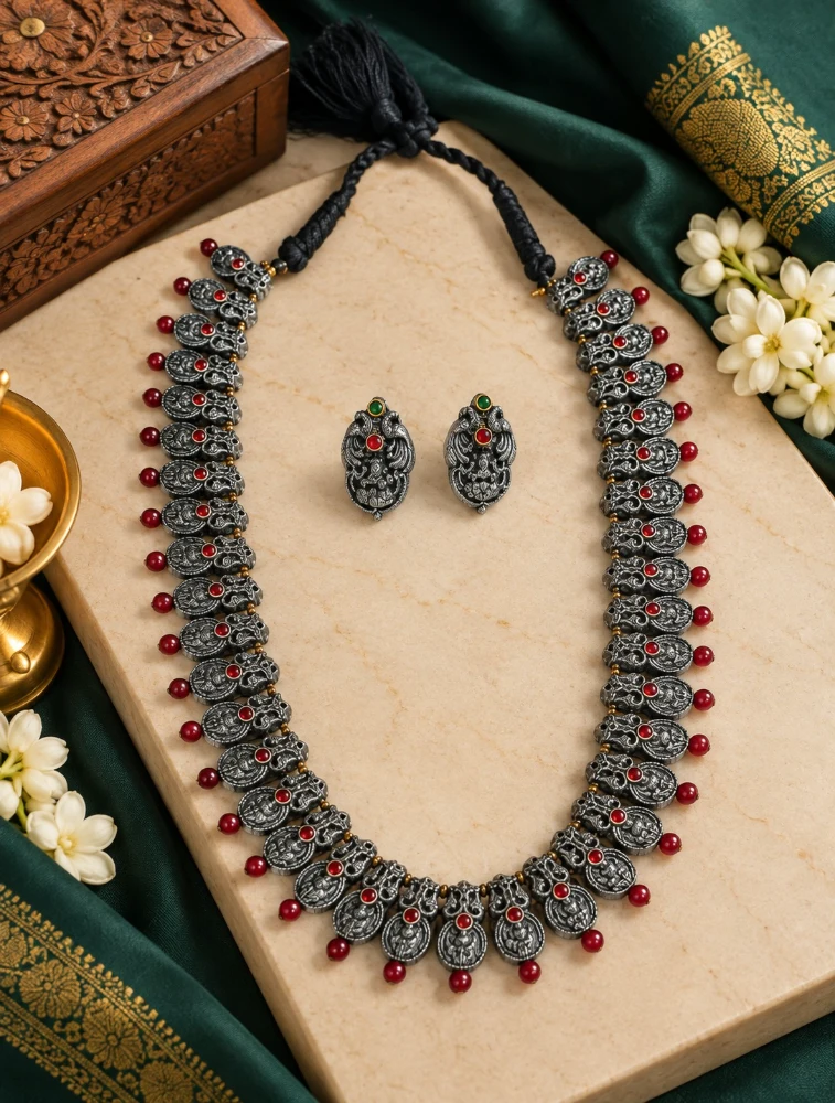 Silver and Red Long Haram In Lakshmi Design Terracotta Jewellery Set