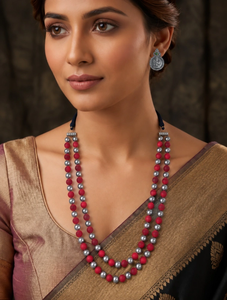 Silver and Red Terracotta Beaded Necklace Set