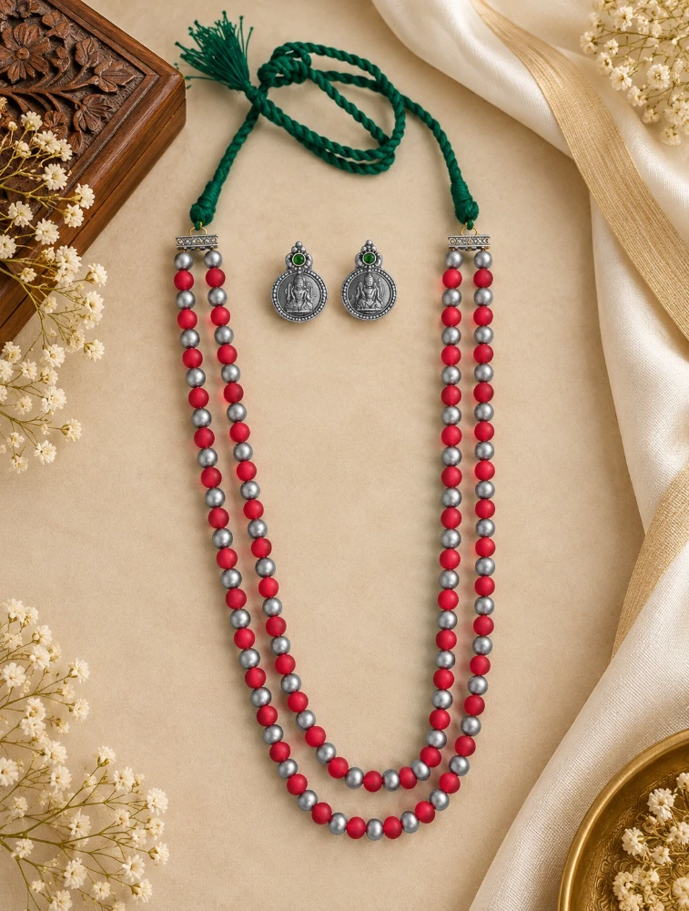 Silver and Red Terracotta Beaded Necklace Set