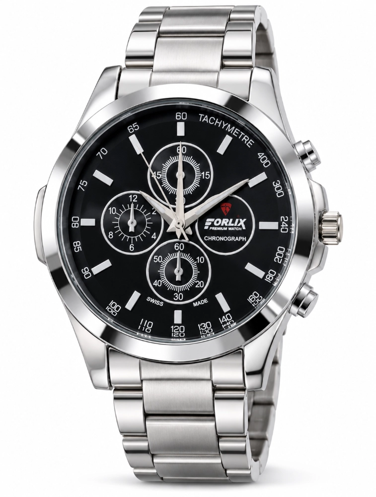 Silver with Black Mens Classic Stainless Steel Chronograph Analog Watch