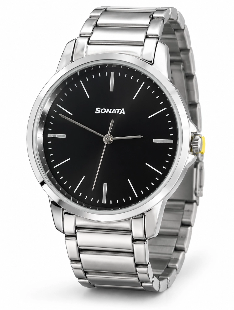 Silver with Black Sonata Mens Classic Analog Wrist Watch