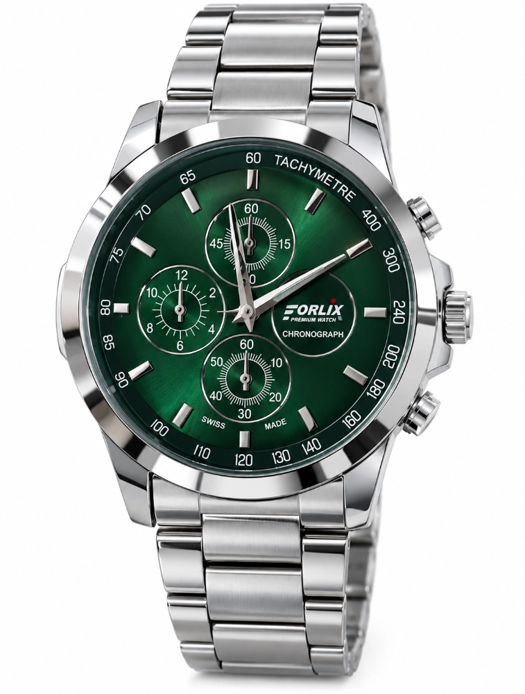 Silver with Bottle Green Mens Classic Stainless Steel Chronograph Analog Watch