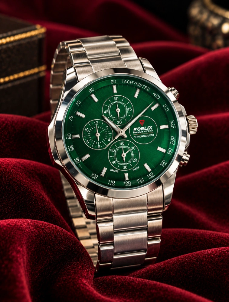 Silver with Green Classic Chronograph Watch