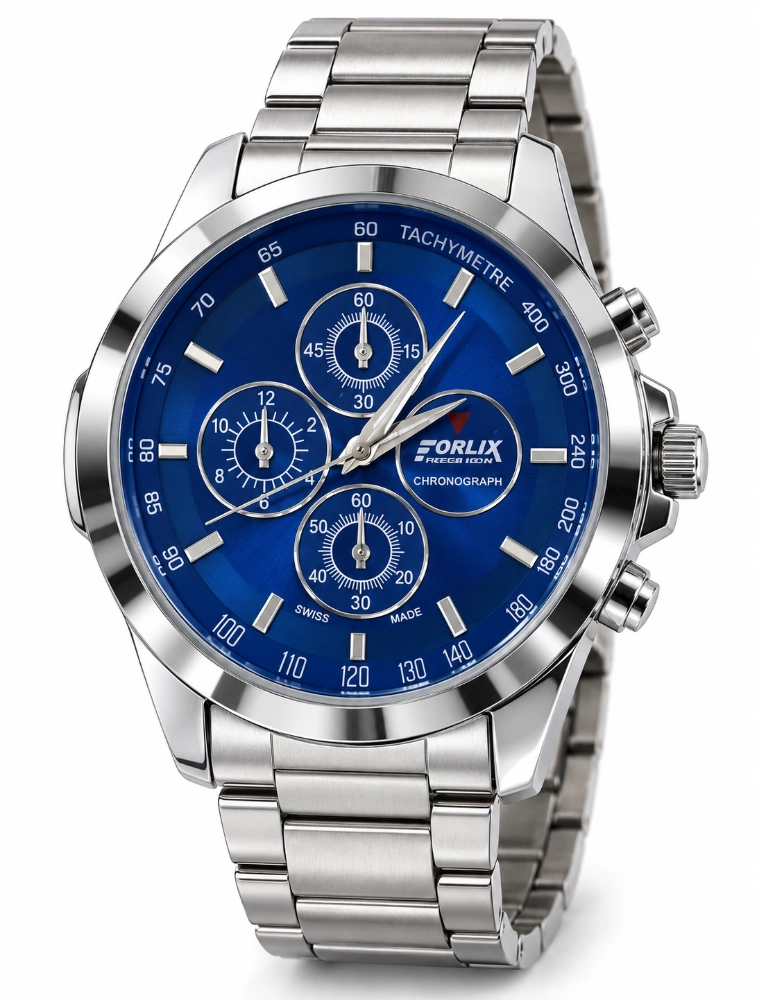 Silver with Royal Blue Mens Classic Stainless Steel Chronograph Analog Watch