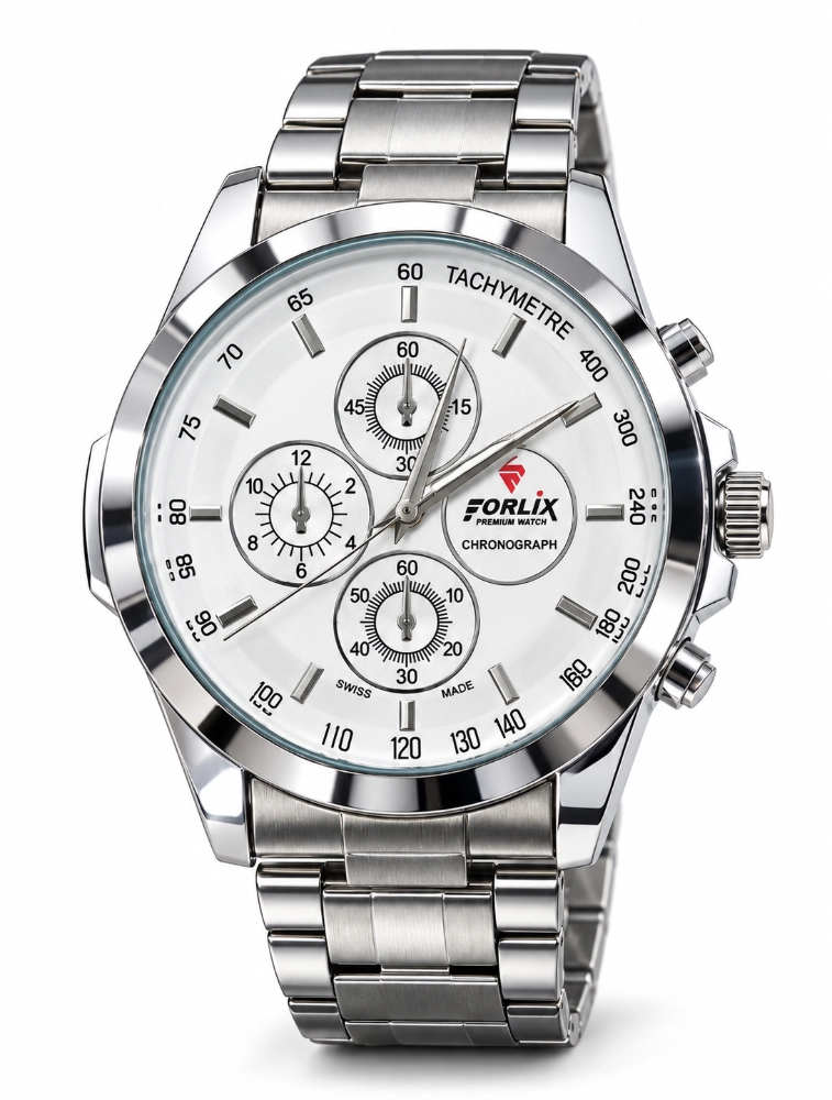 Silver with White Mens Classic Stainless Steel Chronograph Analog Watch