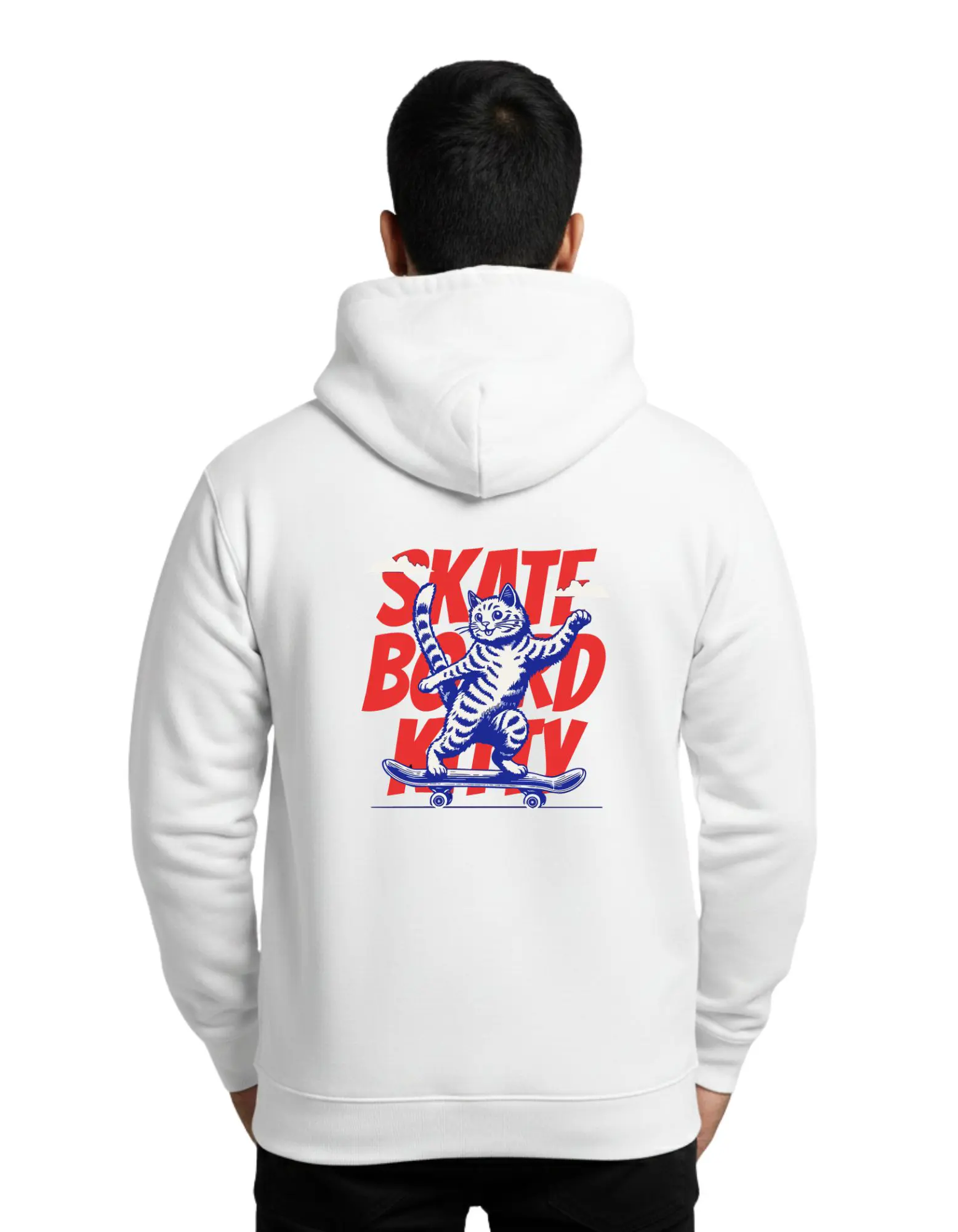 Skateboard Kitty Cotton Hoodie Without Zipper 300 GSM White