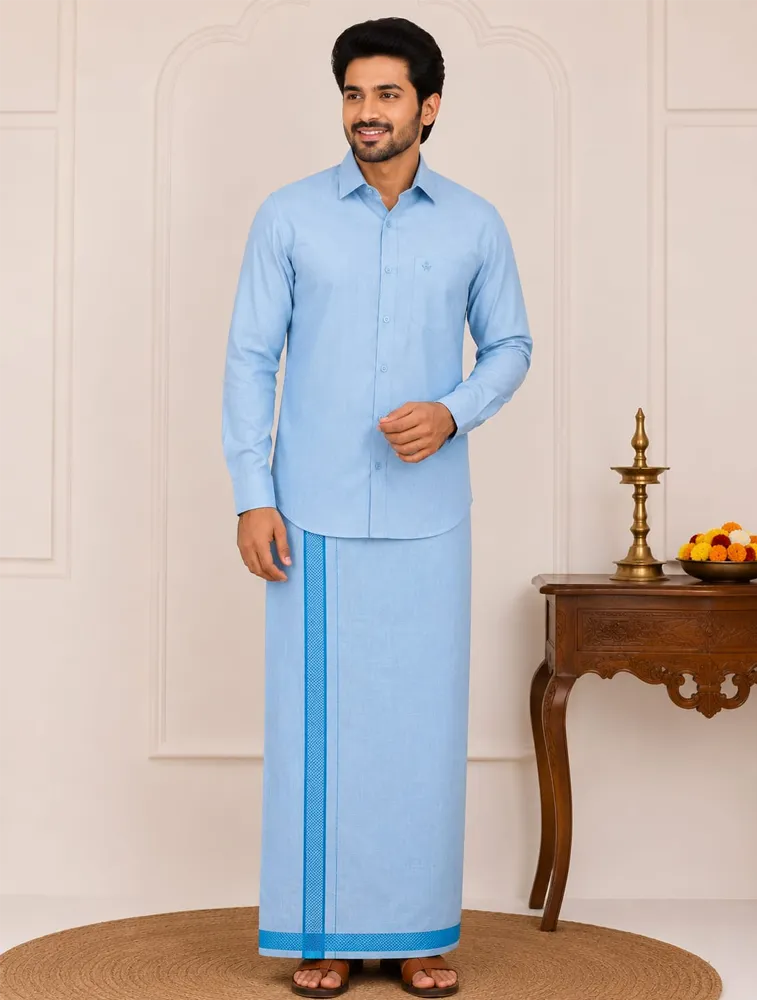 Sky Blue  Men's Special Tissue Shirts and Dhoti Set — bulk from ₹1160