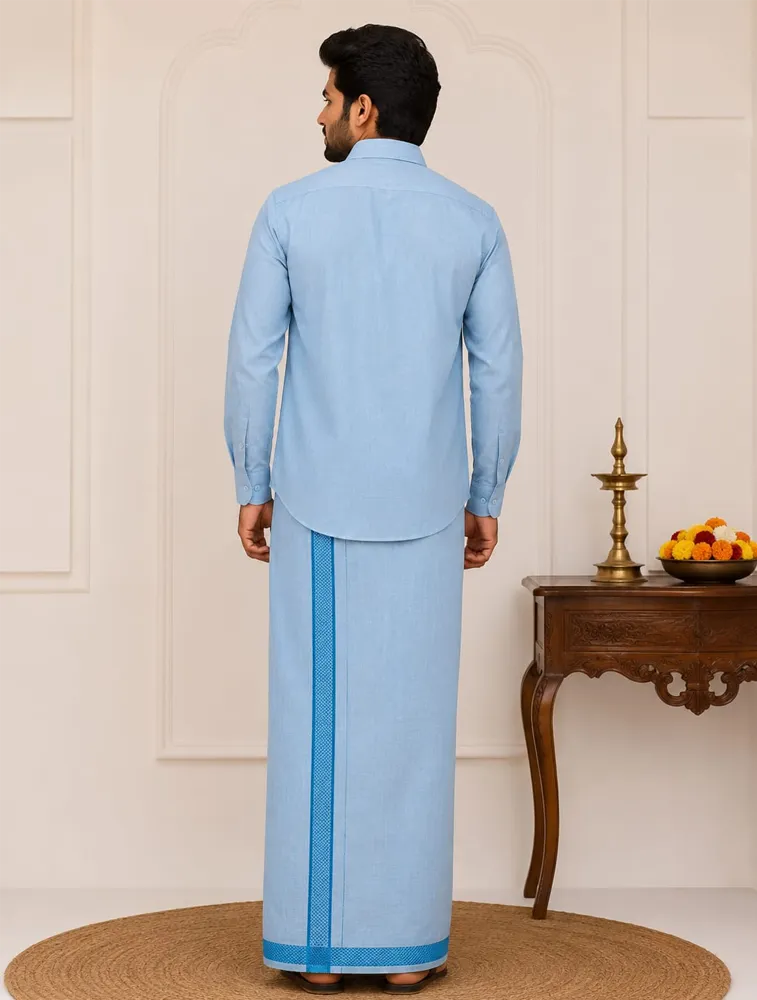Sky Blue  Men's Special Tissue Shirts and Dhoti Set — bulk from ₹1160