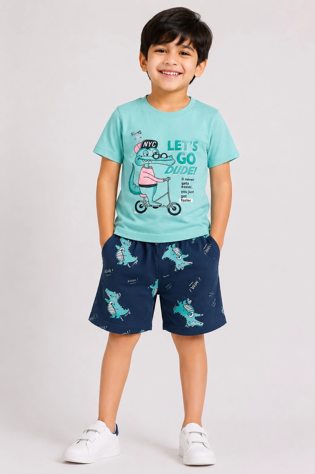 Sky Blue Kids Printed T Shirt and Shorts Set — bulk from ₹200