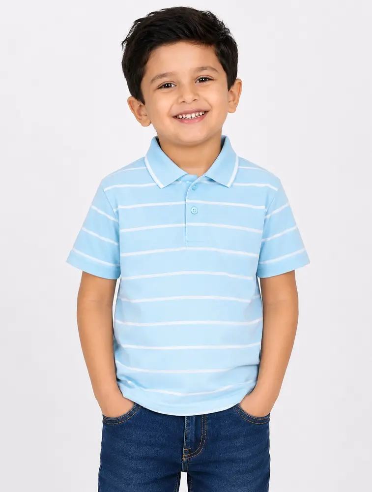 Sky Blue Boys Kids 190 GSM Striped Half Sleeve Polo T Shirt 