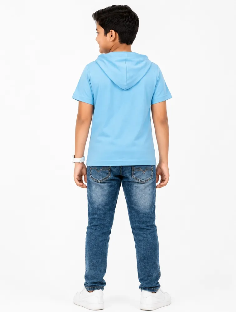 Sky Blue Boys Premium Printed Half Sleeve Cooper Hood T Shirt