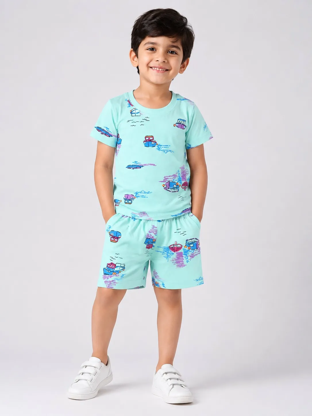 Sky Blue Boys Premium Printed T Shirts And Shorts Set