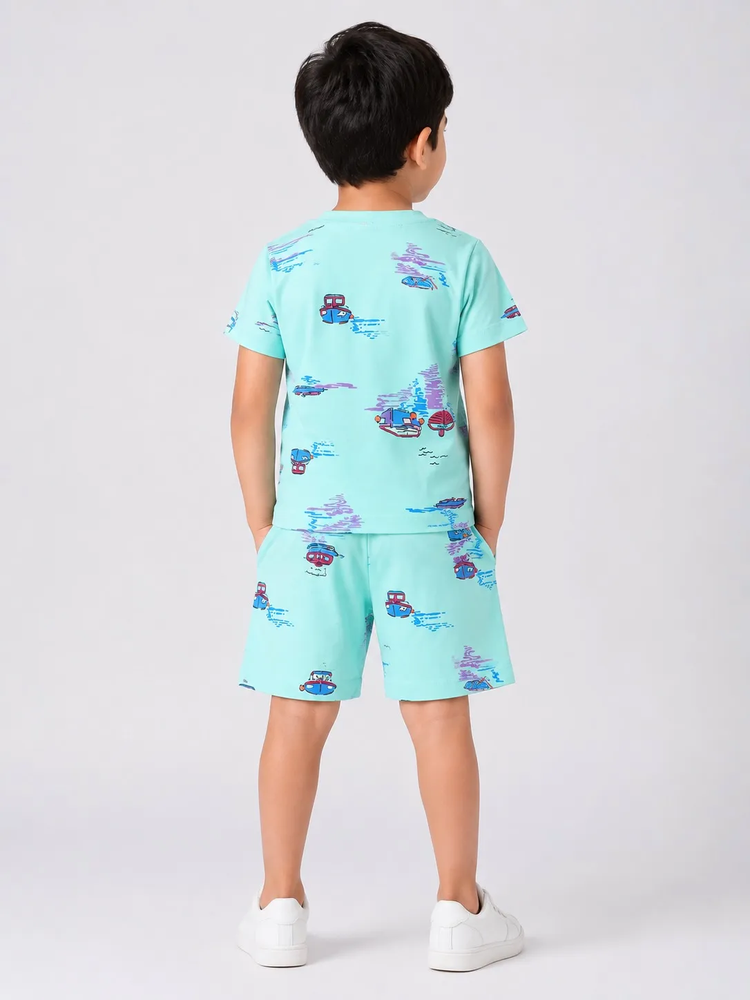 Sky Blue Boys Premium Printed T Shirts And Shorts Set