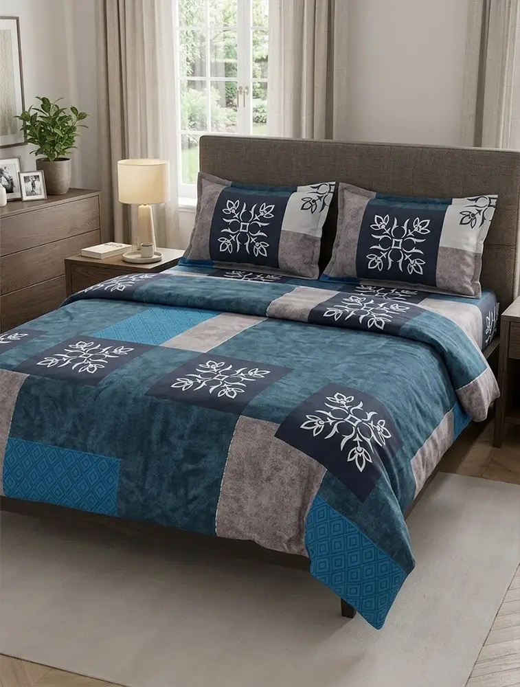  Sky Blue Cotton Printed Double Bed Queen Size Elastic  Bedsheet