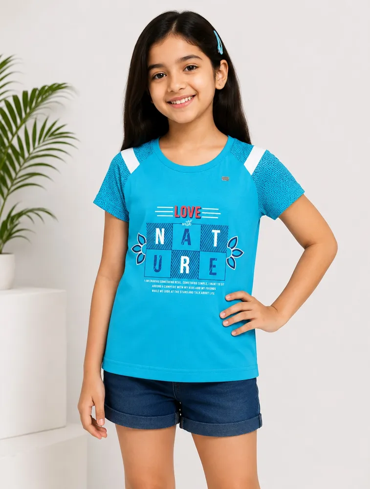 Sky Blue Girls Graphic Printed Cotton Short  Sleeve T Shirt