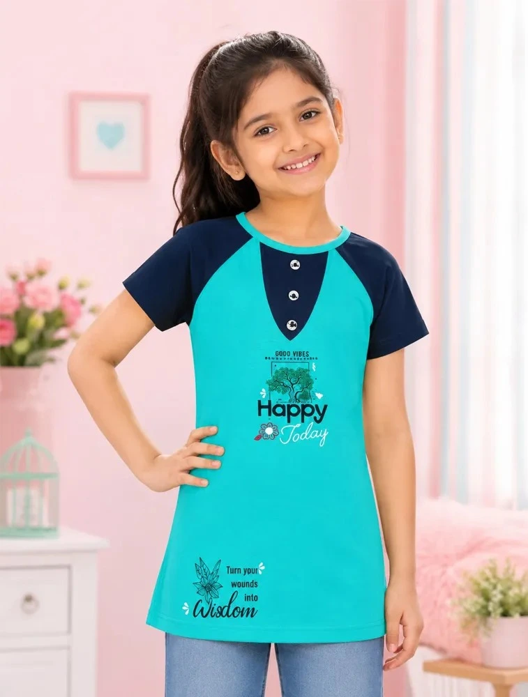 Sky Blue Girls Graphic Printed Cotton Short  Sleeve T Shirt