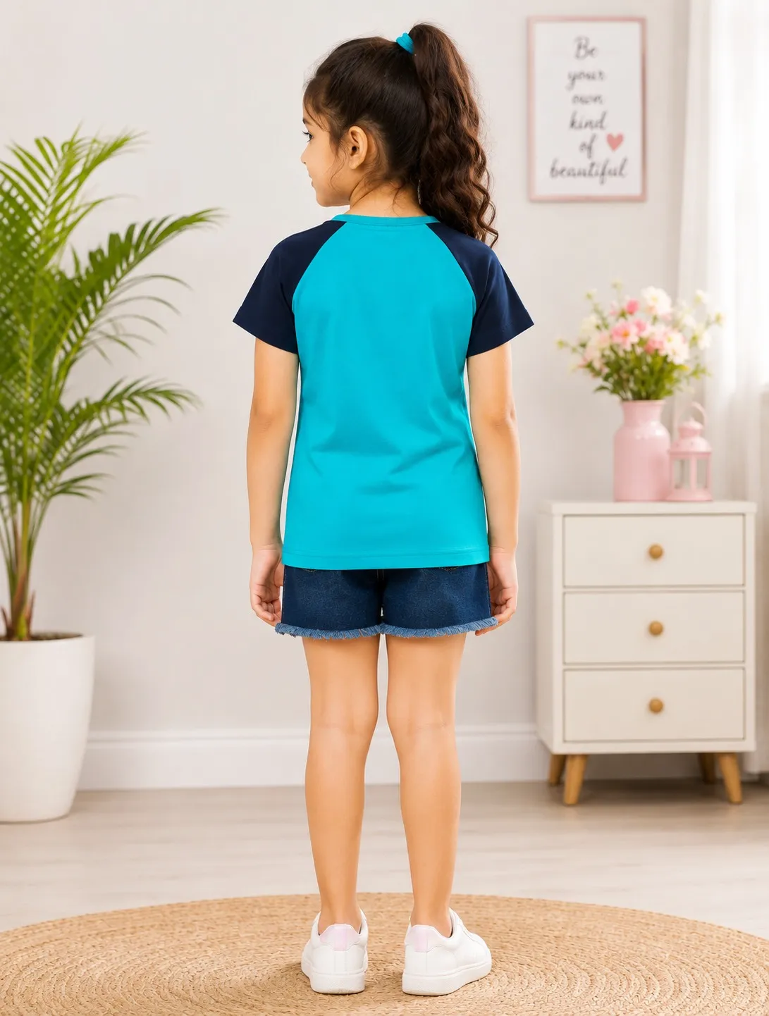 Sky Blue Girls Graphic Printed Cotton Short  Sleeve T Shirt