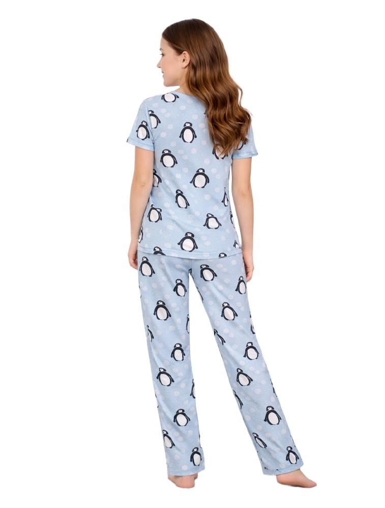 Sky Blue Girls Cotton Printed Night Suit Set