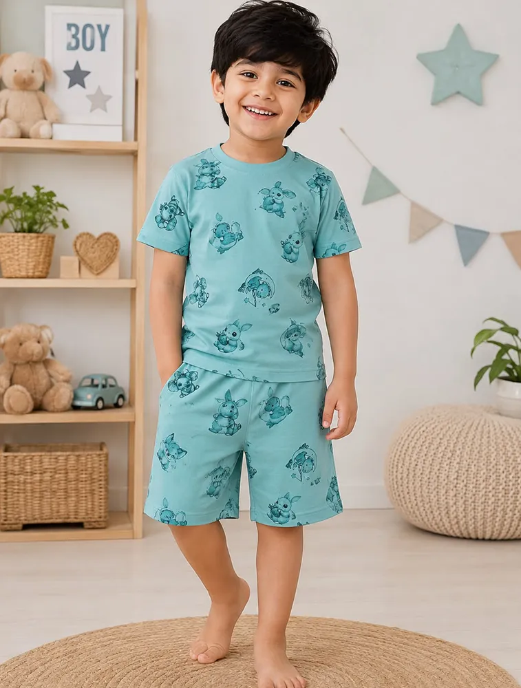 Sky Blue Kids Premium Printed T Shirt and Shorts Set