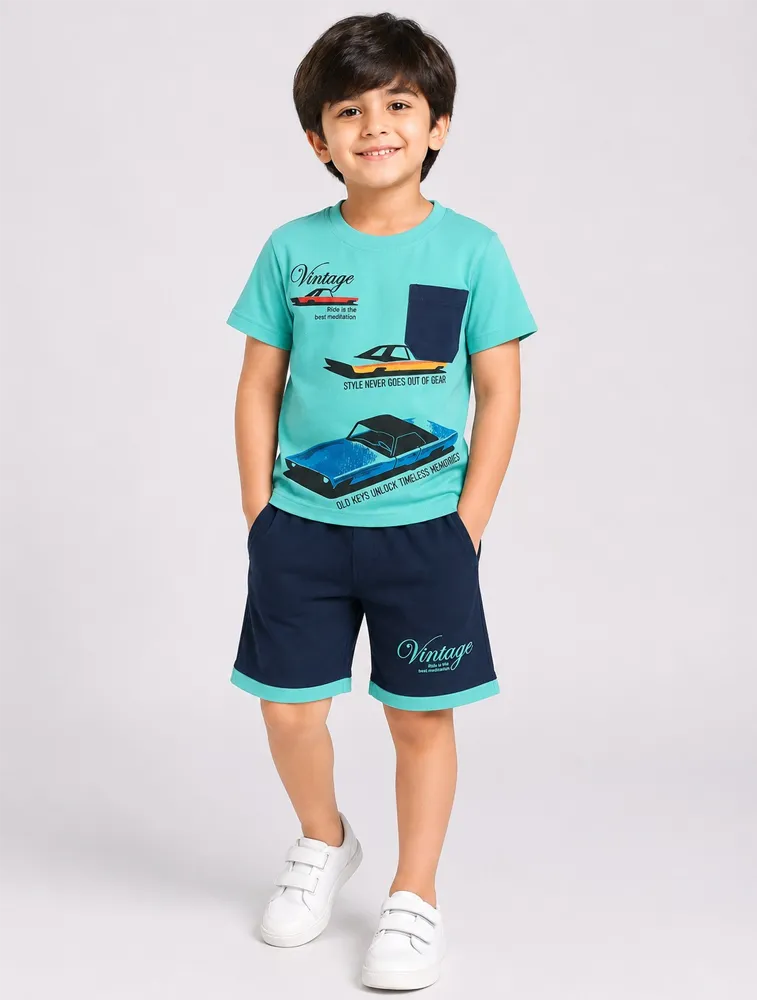 Sky Blue Kids Printed T shirt With Shorts Set