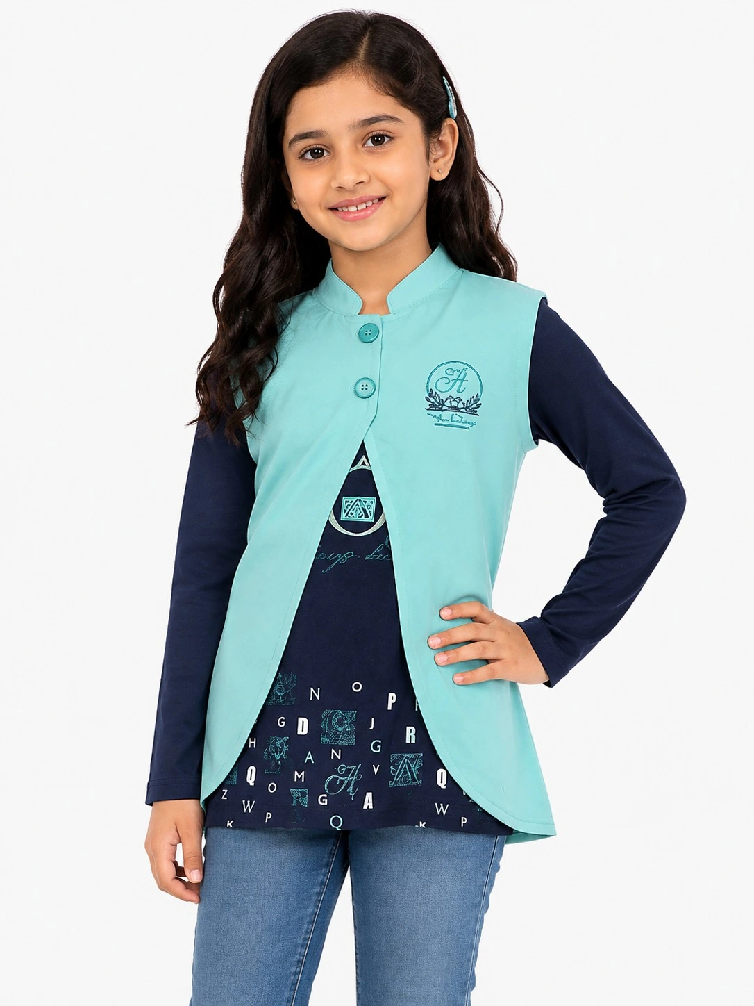 Sky Blue Kids Salma Kelsay Collar Embroidery T Shirt  2 Piece Set