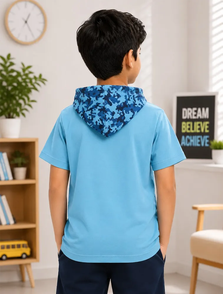 Sky Blue Kids Urban Camo Graphic Hooded TShirt
