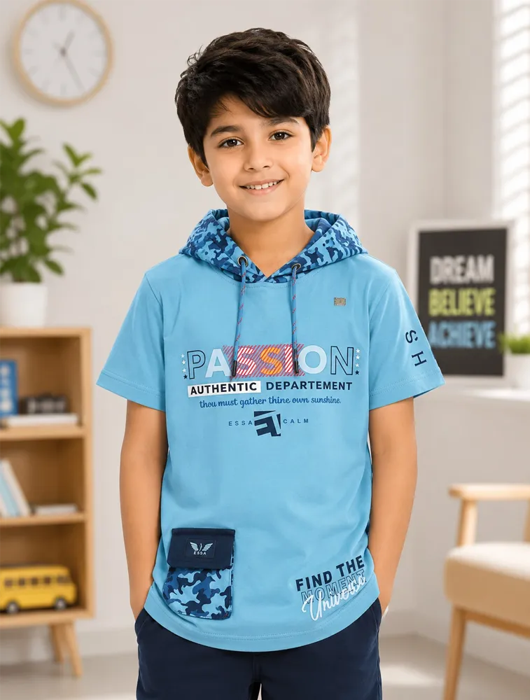 Sky Blue Kids Urban Camo Graphic Hooded TShirt