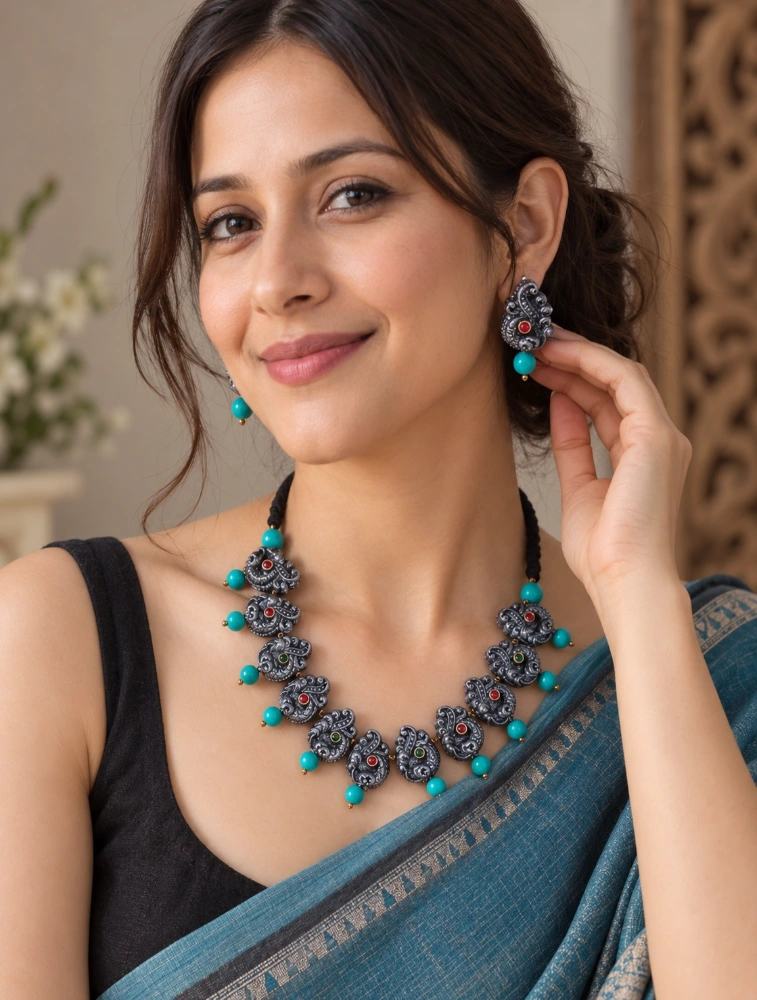 Sky Blue Mayura Ratna Terracotta Jewellery Set