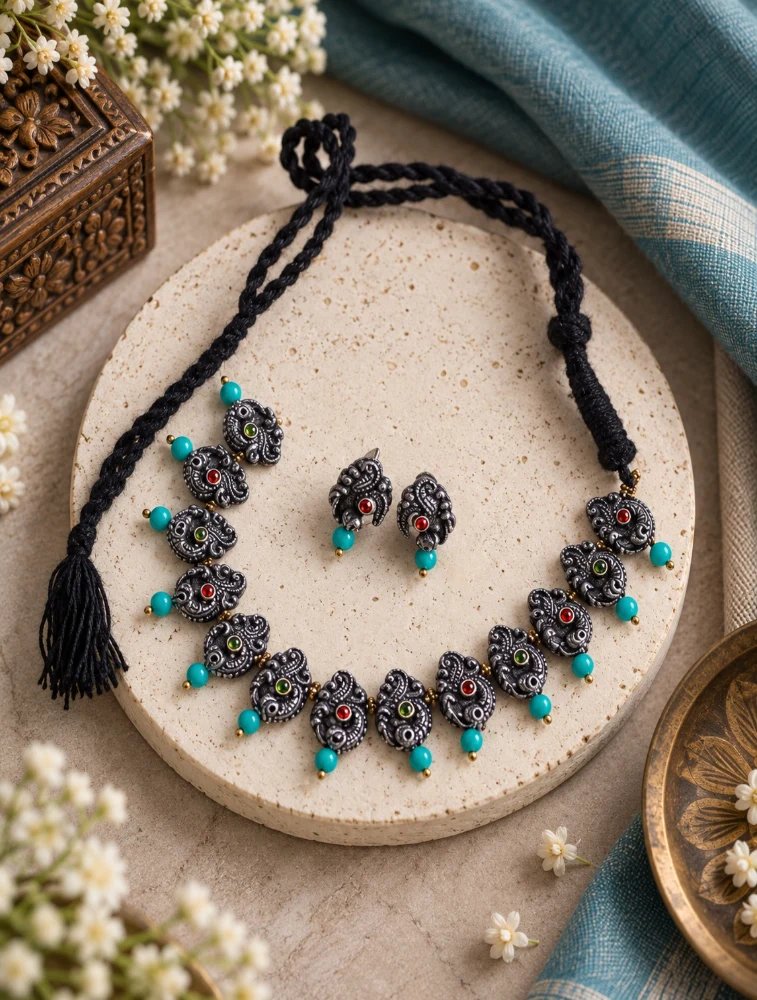 Sky Blue Mayura Ratna Terracotta Jewellery Set  