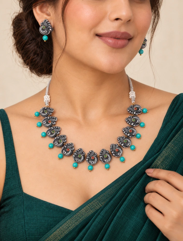 Sky Blue Mayura Ratna Terracotta Jewellery Set