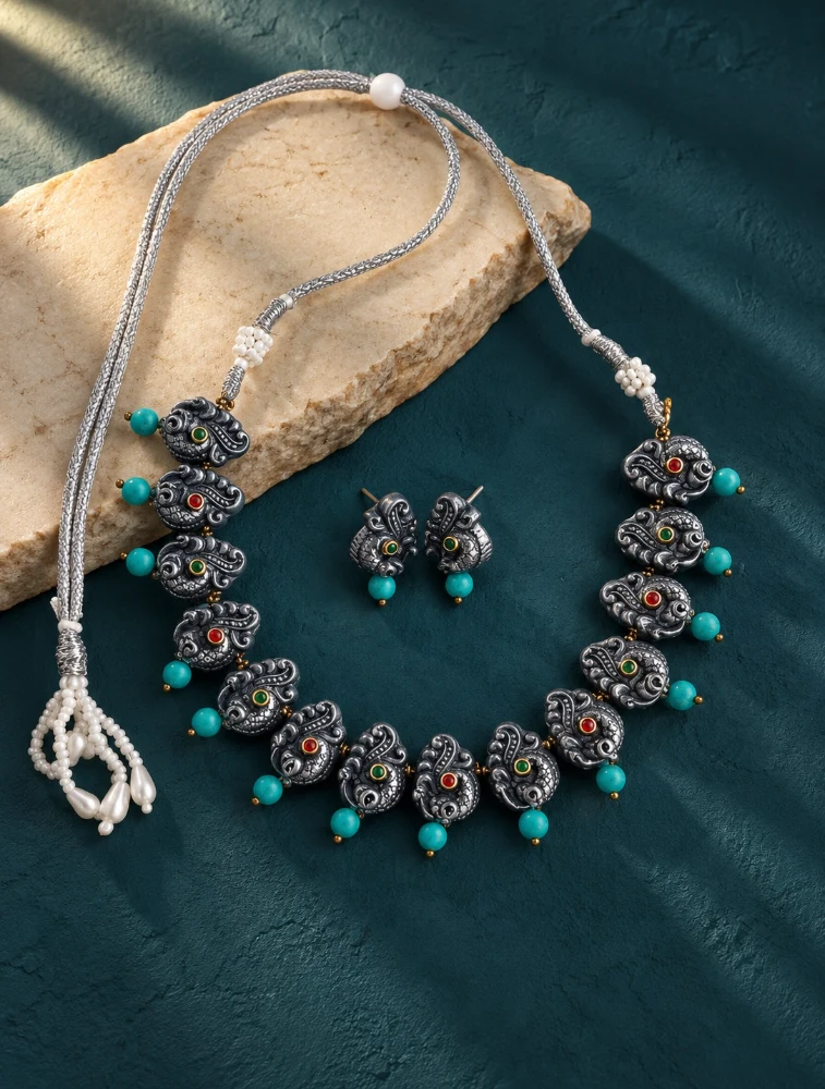 Sky Blue Mayura Ratna Terracotta Jewellery Set  