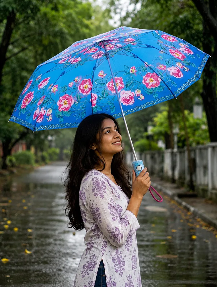 Sky Blue Meadow Bloom Floral Compact Umbrella — bulk from ₹275