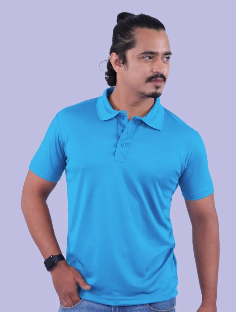 Sky Blue Men Honeycomb 160 GSM Half Sleeve Polo T Shirt