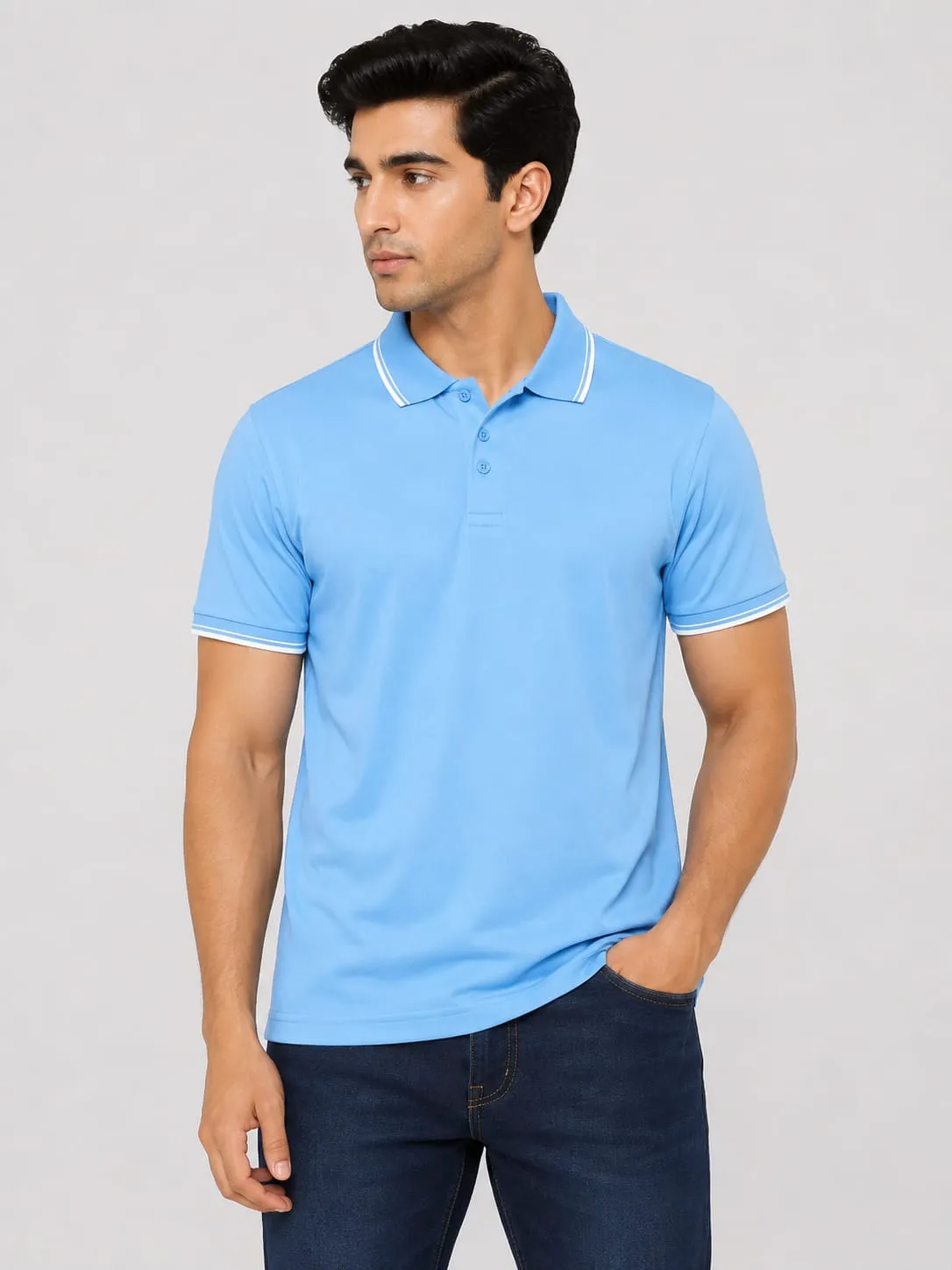 Sky Blue Mens Premium Primo Knit 200 GSM Polo TShirt With White Collor And Sleeve Tipping 